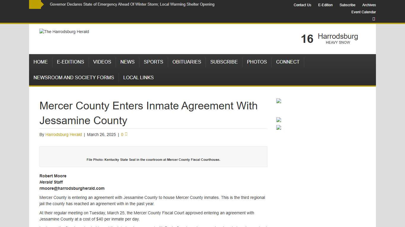 Mercer County Enters Inmate Agreement With Jessamine County – The Harrodsburg Herald